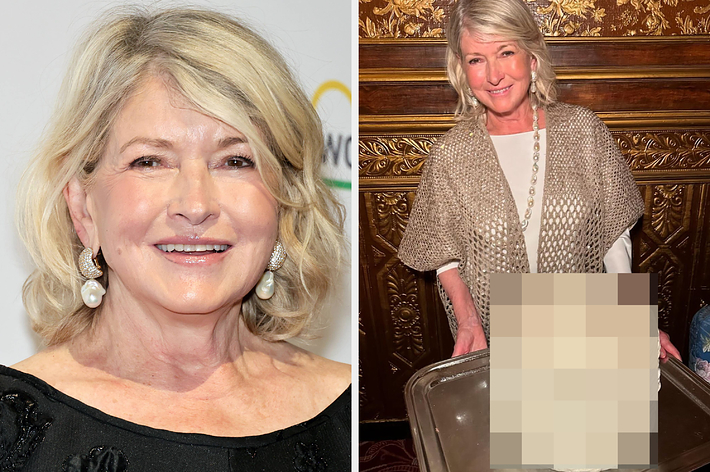 マルタ・スチュワートが、大きなケーキを持ち笑顔を見せている。