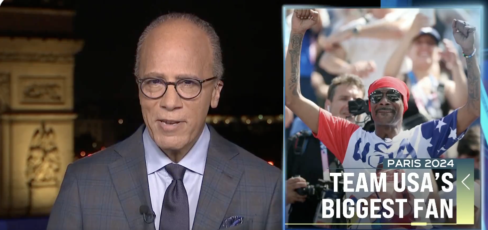 Lester Holt reporting with an image of Snoop Dogg in USA-themed attire cheering