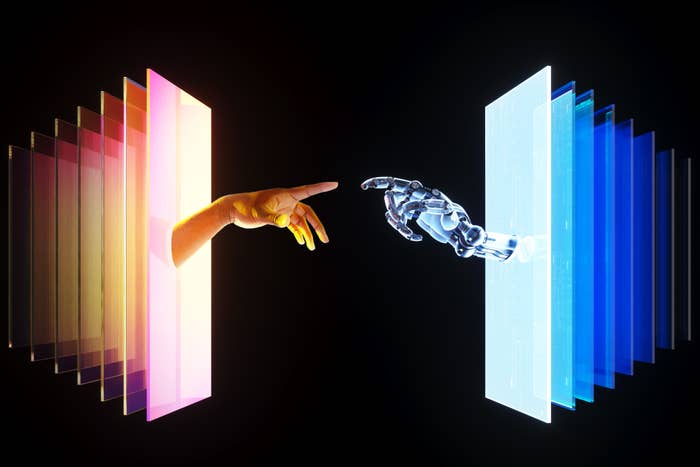 A human hand and a robotic hand reach towards each other through futuristic digital screens, symbolizing the connection between humanity and technology