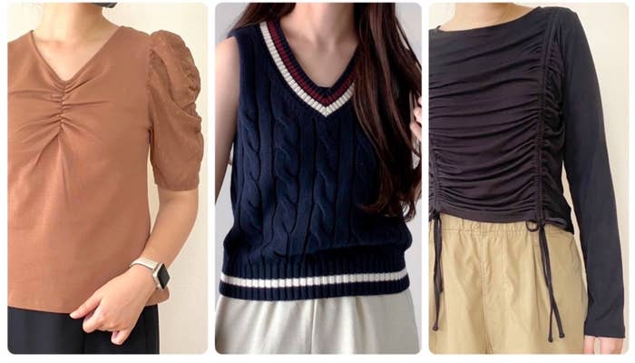 ジーユーのコスパばつぐんトップス「布帛コンビネーションT(5分袖)Z+E」「ルーシングT(長袖)Q」「チルデンケーブルベスト」