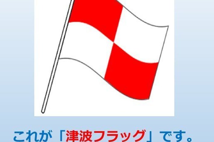 これは「津波フラッグ」です。この旗を見たらすぐに高い場所や建物へ逃げましょう。逃げる場所は、このマークが目印です。海の近くに旅行する人も確認してください!