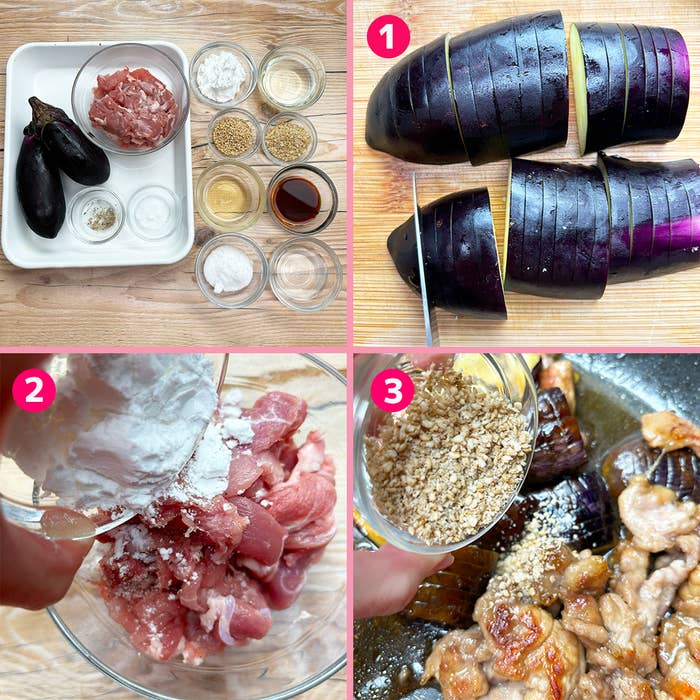 材料と料理手順を示す画像。1: ナスを輪切りにする。2: 豚肉に片栗粉をまぶす。3: 焼いたナスに調味料を加える。