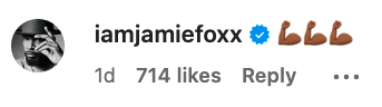 Instagram post by iamjamiefoxx, verified account, with three flexed bicep emojis, posted 1 day ago, received 714 likes