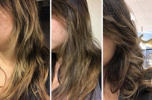 three photos of reviewer hair showing the loss of brassiness from left to right