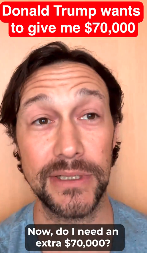 Joseph Gordon-Levitt with a surprised expression, text above his head reads &quot;Donald Trump wants to give me $70,000&quot; and below &quot;Now, do I need an extra $70,000?&quot;