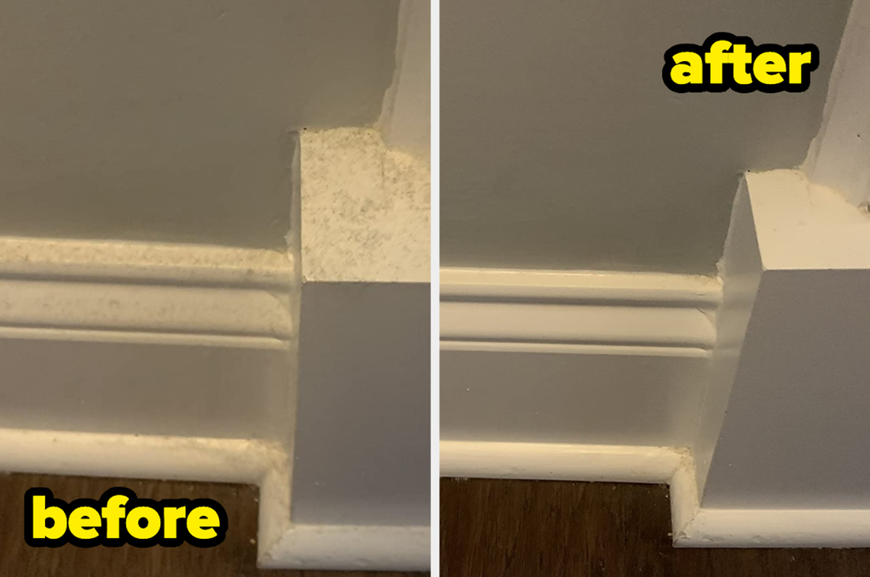 a before and after of a reviewer's once dusty baseboards