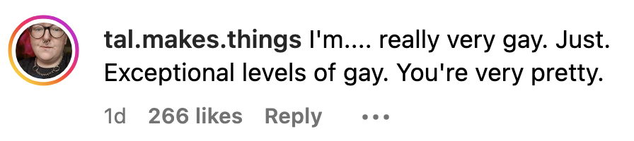 Comment by tal.makes.things: &quot;I'm&hellip;. really very gay. Just. Exceptional levels of gay. You're very pretty.&quot; 1 day ago, 266 likes, reply option available