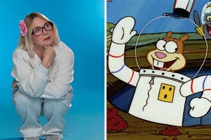 Carolyn Lawrence crouches beside a split-screen image featuring Sandy Cheeks, an animated squirrel from SpongeBob SquarePants, in her astronaut suit waving