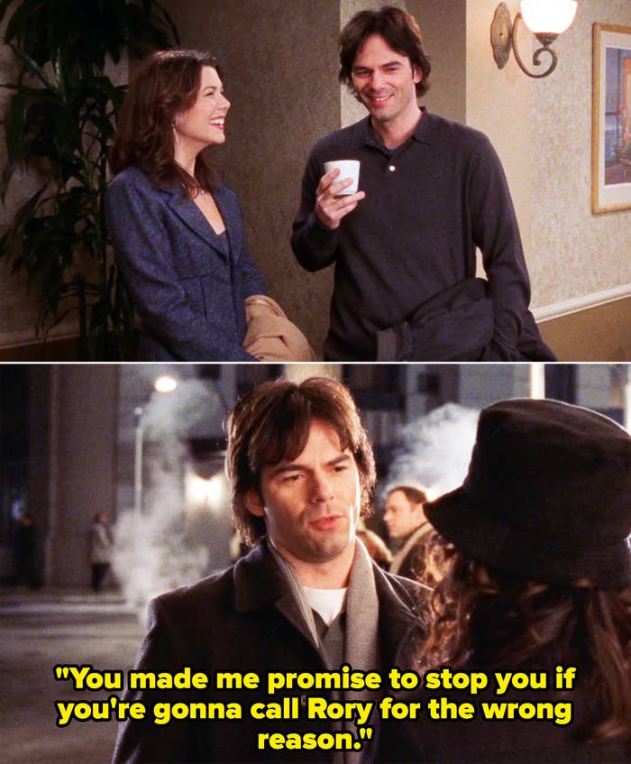 Top: Lorelai and Alex conversing and smiling indoors. Bottom: Lorelai and Alex talking outdoors at night with street fog visible