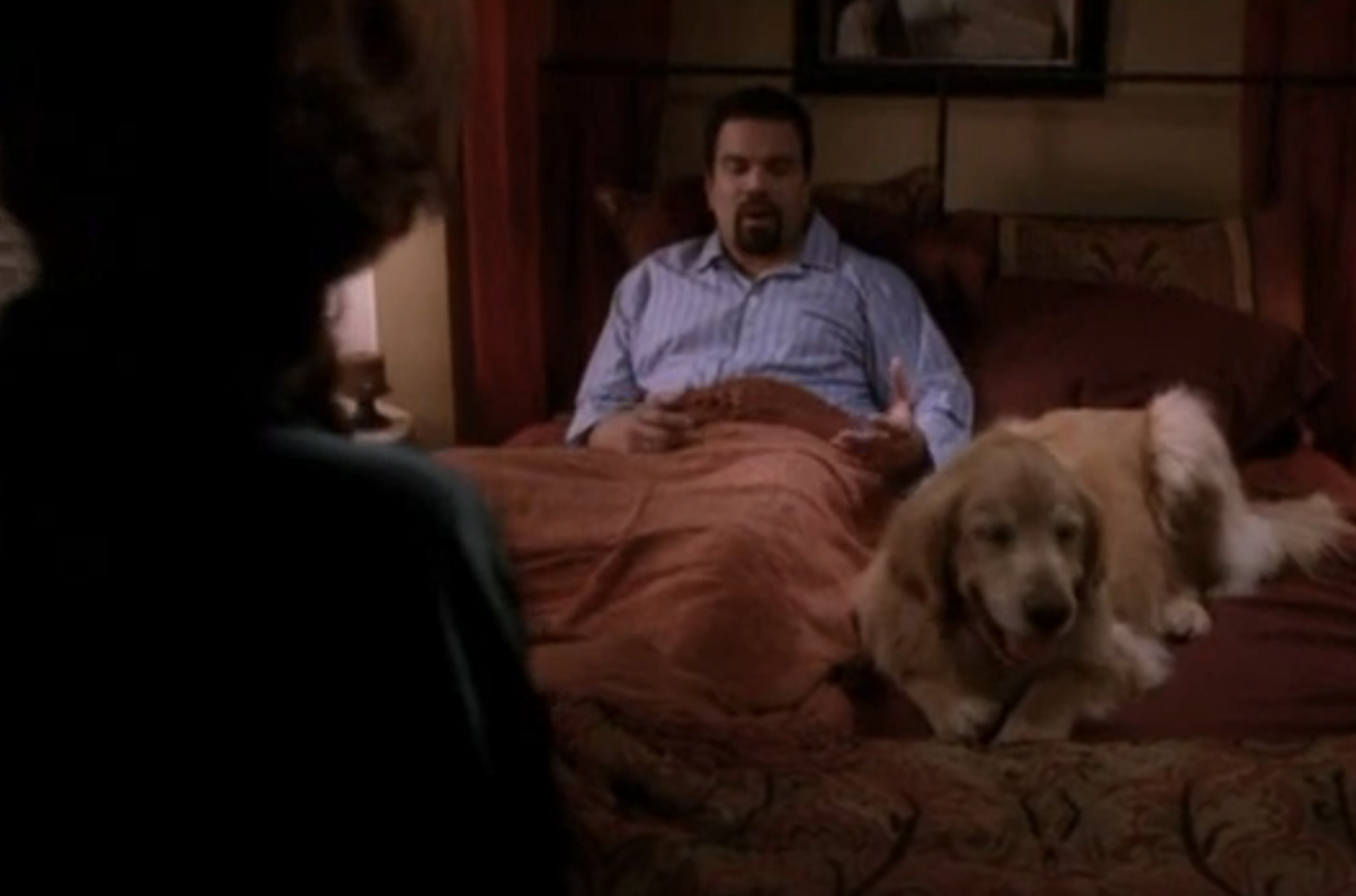A man sits in bed talking to a woman while a golden retriever lies beside him