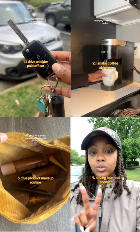 Split image showing:1. Key with text: "I drive an older paid off car".2. Coffee machine with text: "I make coffee at home".3. Makeup bag with text: "Five product makeup routine".4. Woman with text: "Having low cost hobbies"