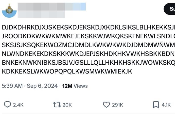 サンマリノチームの公式ツイート。内容は無意味な文字列が並んでいる。