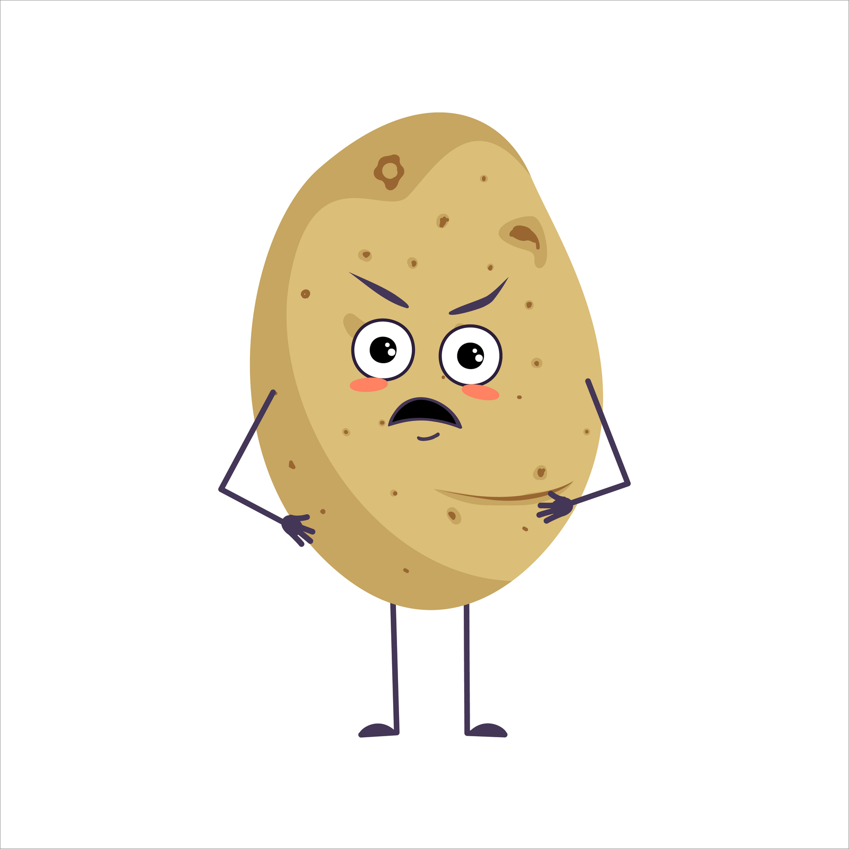 Illustration of an angry potato with arms and legs, featuring furrowed eyebrows, a mustache, and a frown