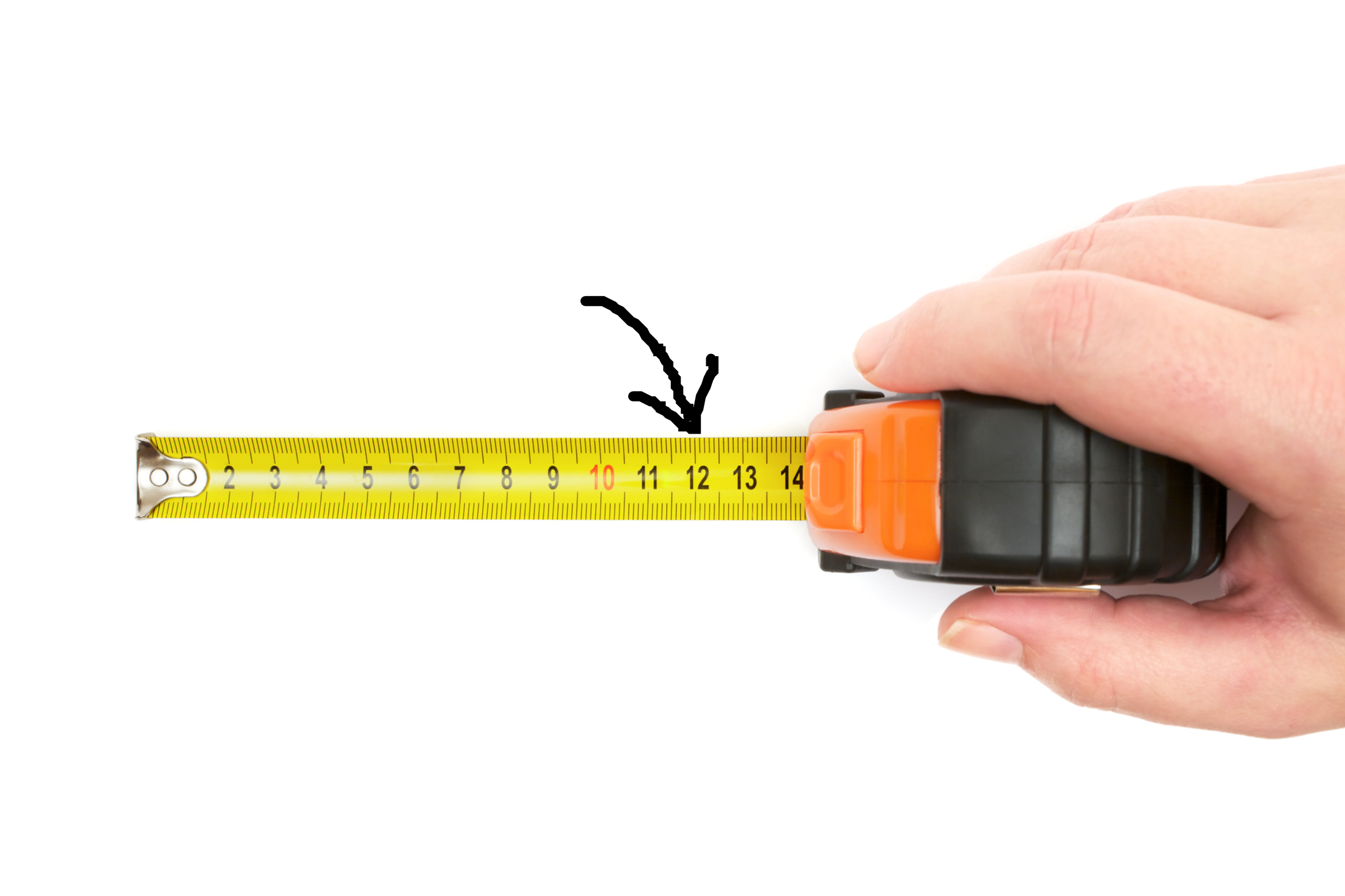 A hand holding a retractable tape measure extended to 14 inches