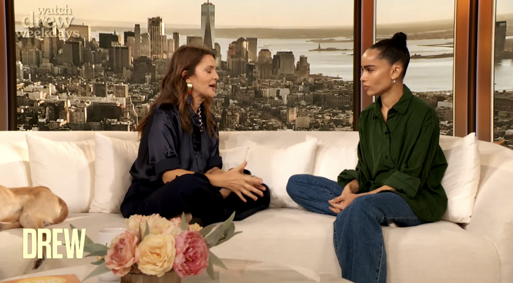 Drew Barrymore and guest sit on a sofa in front of a New York City skyline on the Drew show, discussing animatedly. A dog is partly visible on the left