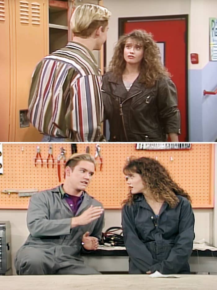 Top: Zack Morris talking to Tori. Bottom: Tori in conversation with Zach in a shop class. Both from &quot;Saved by the Bell.&quot;
