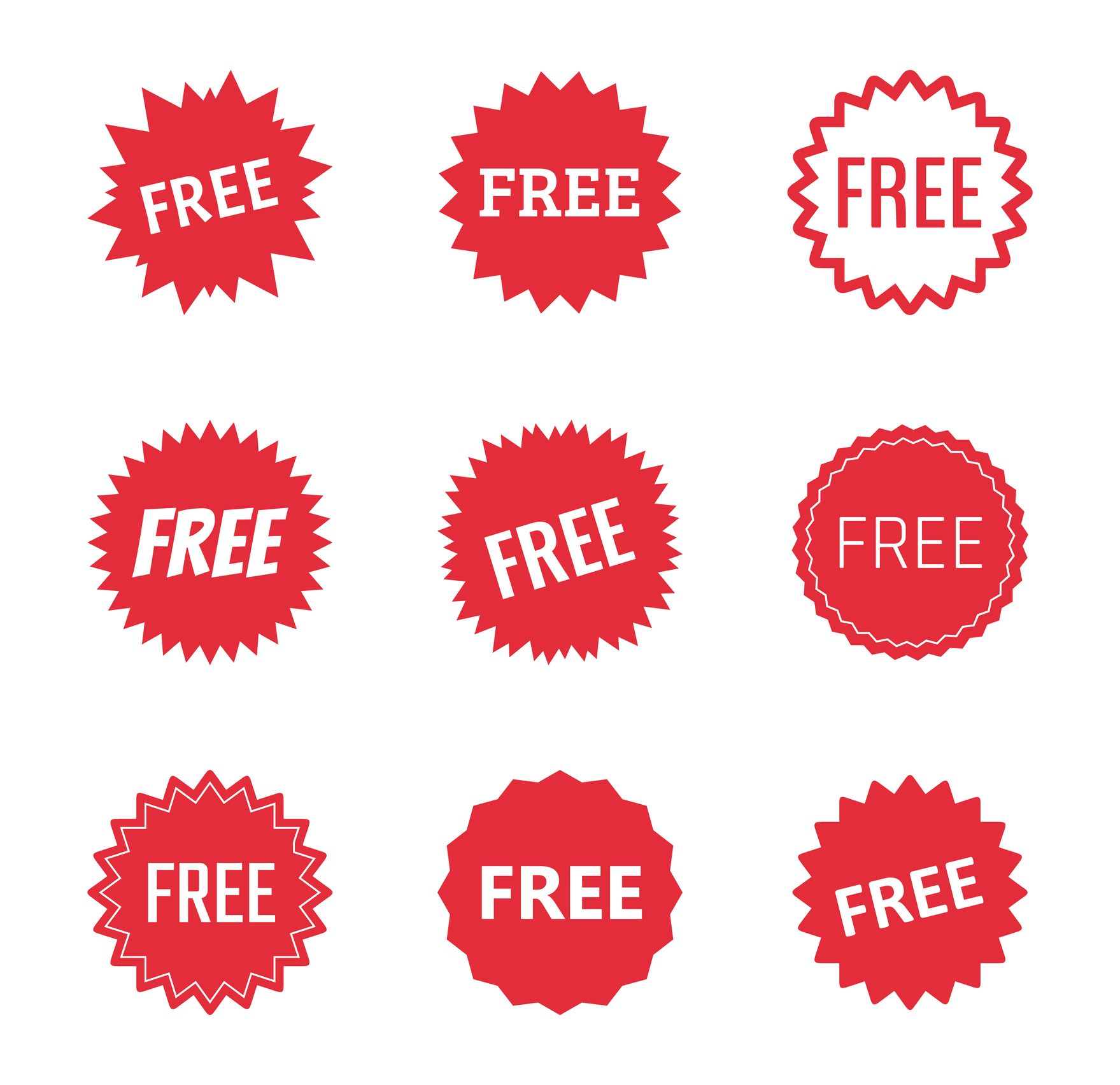 Nine red badges each displaying the word "FREE" in various font styles and starburst shapes