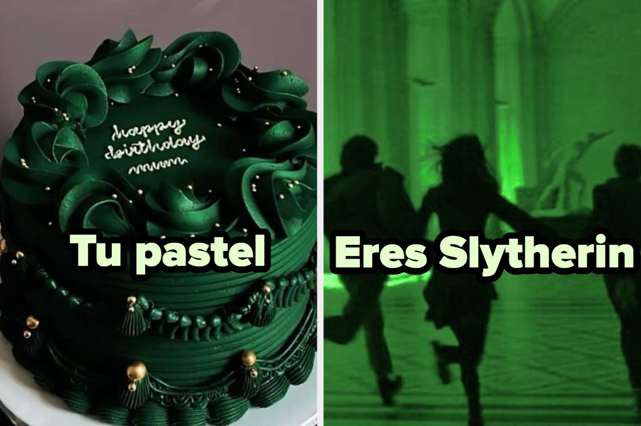 Pastel verde con texto "happy christmas mum". A la derecha, tres personas corriendo en un entorno iluminado de verde con el texto "Eres Slytherin"