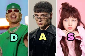 Bad Bunny lleva gorra y gafas de sol, Arca usa una chaqueta negra y gafas, y Lisa de BLACKPINK con camisa rosa posa con las manos en la barbilla. Letras D, A, S
