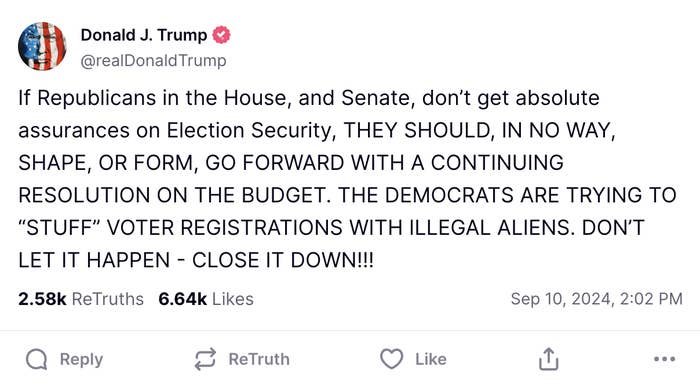 Tweet by Donald J. Trump urging Republicans not to proceed with a budget resolution without election security guarantees, claiming Democrats are registering illegal aliens
