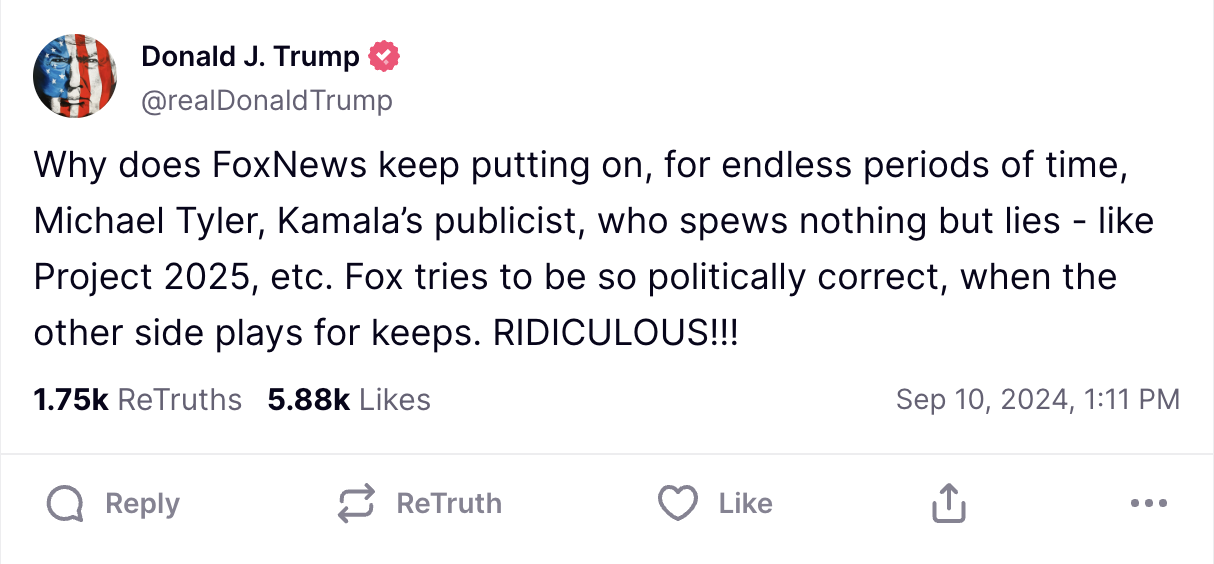 Tweet by Donald J. Trump (@realDonaldTrump) criticizing Fox News and Michael Tyler, Kamala's publicist, for spreading lies like Project 2025. Dated Sep 10, 2024
