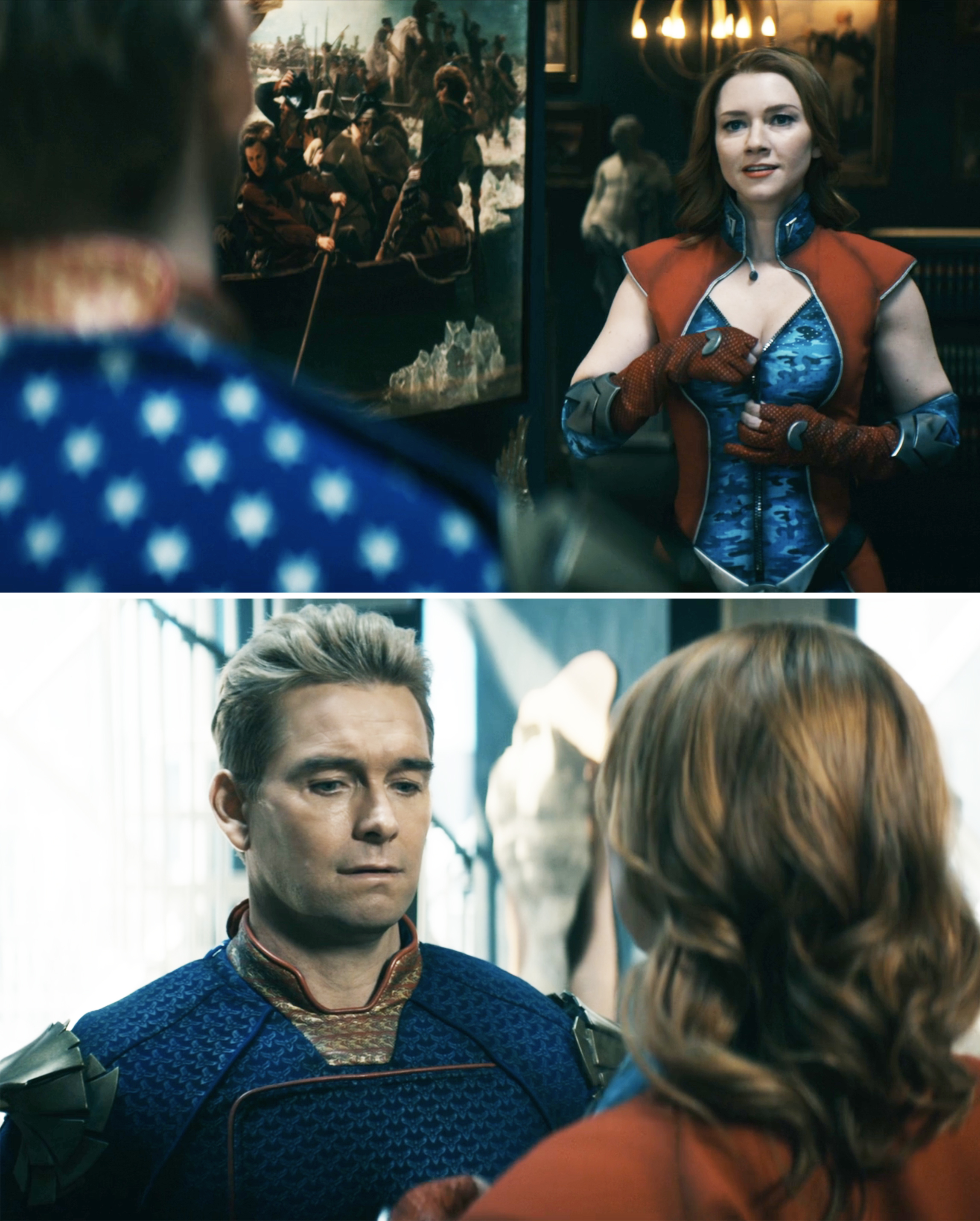 Firecracker and Homelander, in superhero costumes, have a conversation in two separate scenes. Annie wears a red and blue outfit; Homelander wears a blue outfit with stars