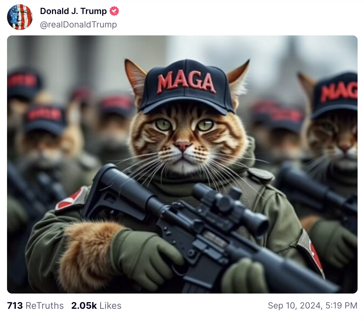 A digitally created image of a cat wearing a 'MAGA' hat and military gear, holding a rifle. This image was posted by Donald J. Trump on Sep 10, 2024