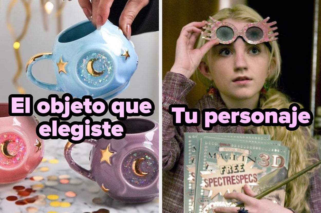 Luna Lovegood sosteniendo unas gafas y revistas 3D. También hay tazas de cerámica decoradas con lunas y estrellas. Texto: "Tus tazas, Tu personaje"