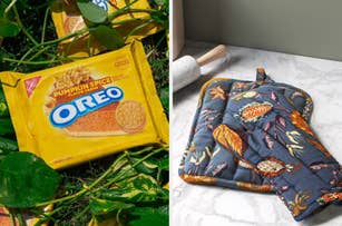 Oreo Pumpkin Spice flavor cream cookies pack on the left, floral-patterned kitchen mitt on the right on a marble surface