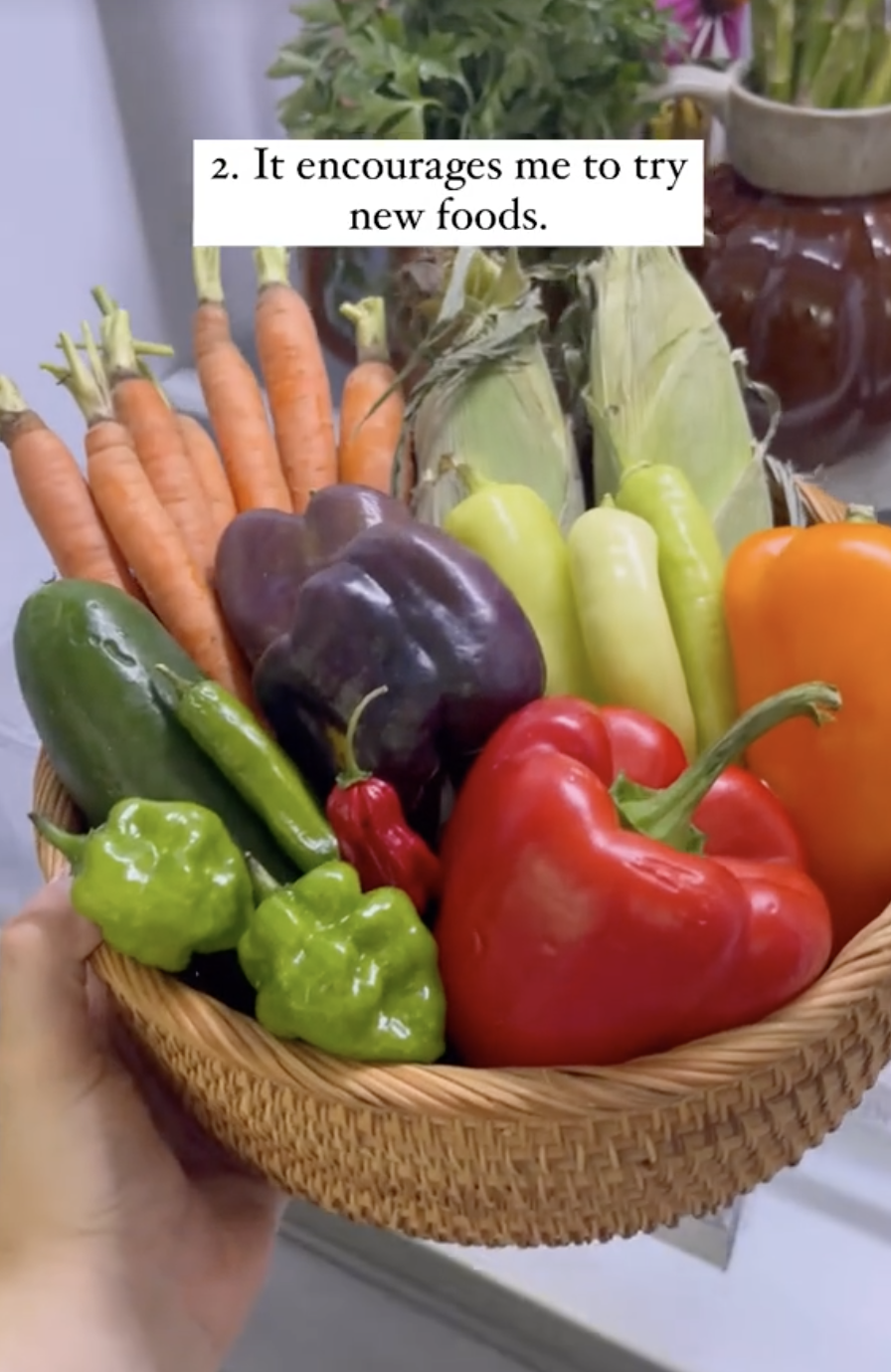 Lynzi is holding a basket filled with fresh vegetables like bell peppers, carrots, and zucchini
