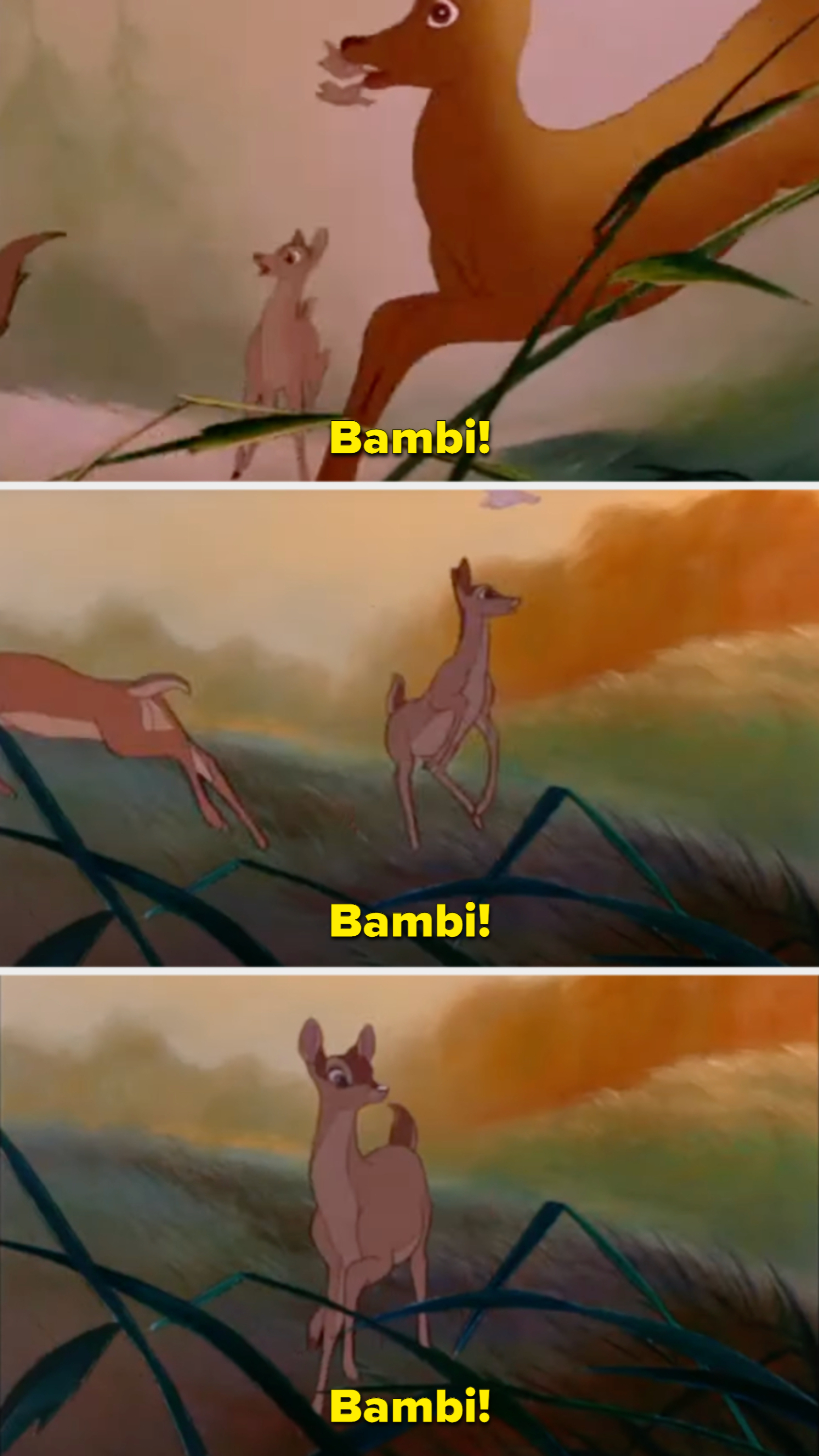 Three stills from "Bambi" show Bambi's mother searching and calling for him as birds and deer rush by