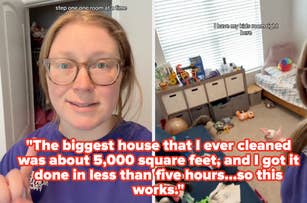 Side by side photos. A woman with glasses gestures OK sign, next to a photo of a cluttered room