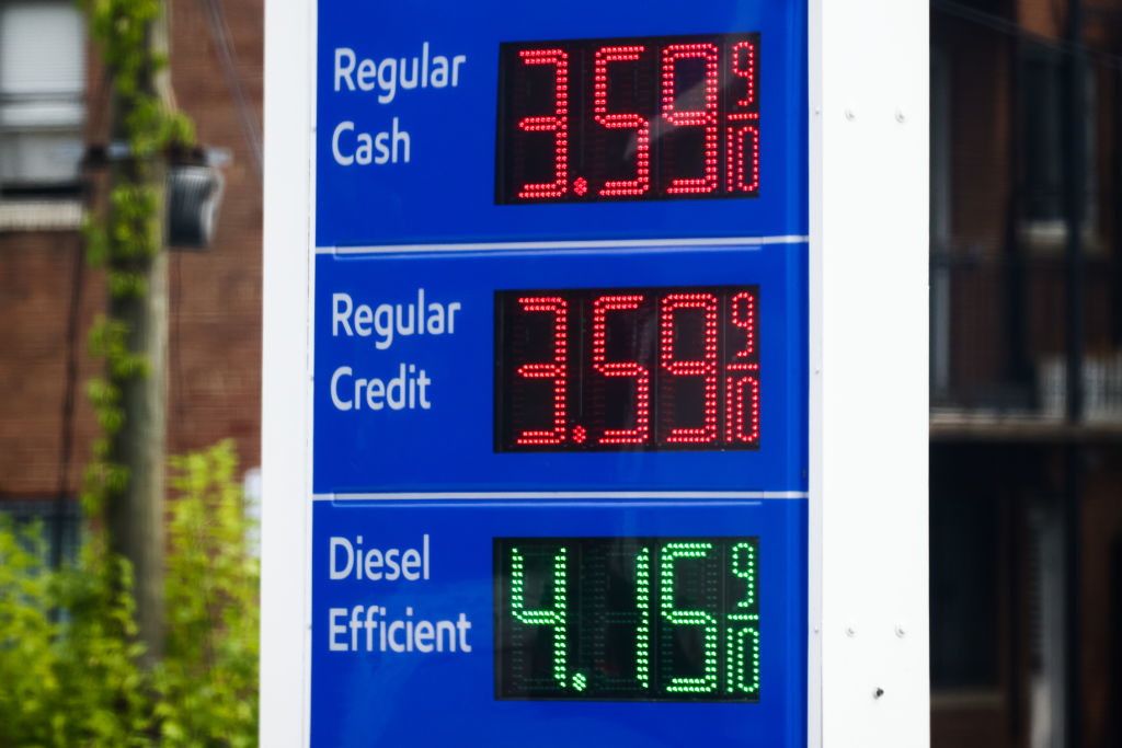Gas station sign showing Regular Cash price: $3.59, Regular Credit price: $3.59, and Diesel Efficient price: $4.15