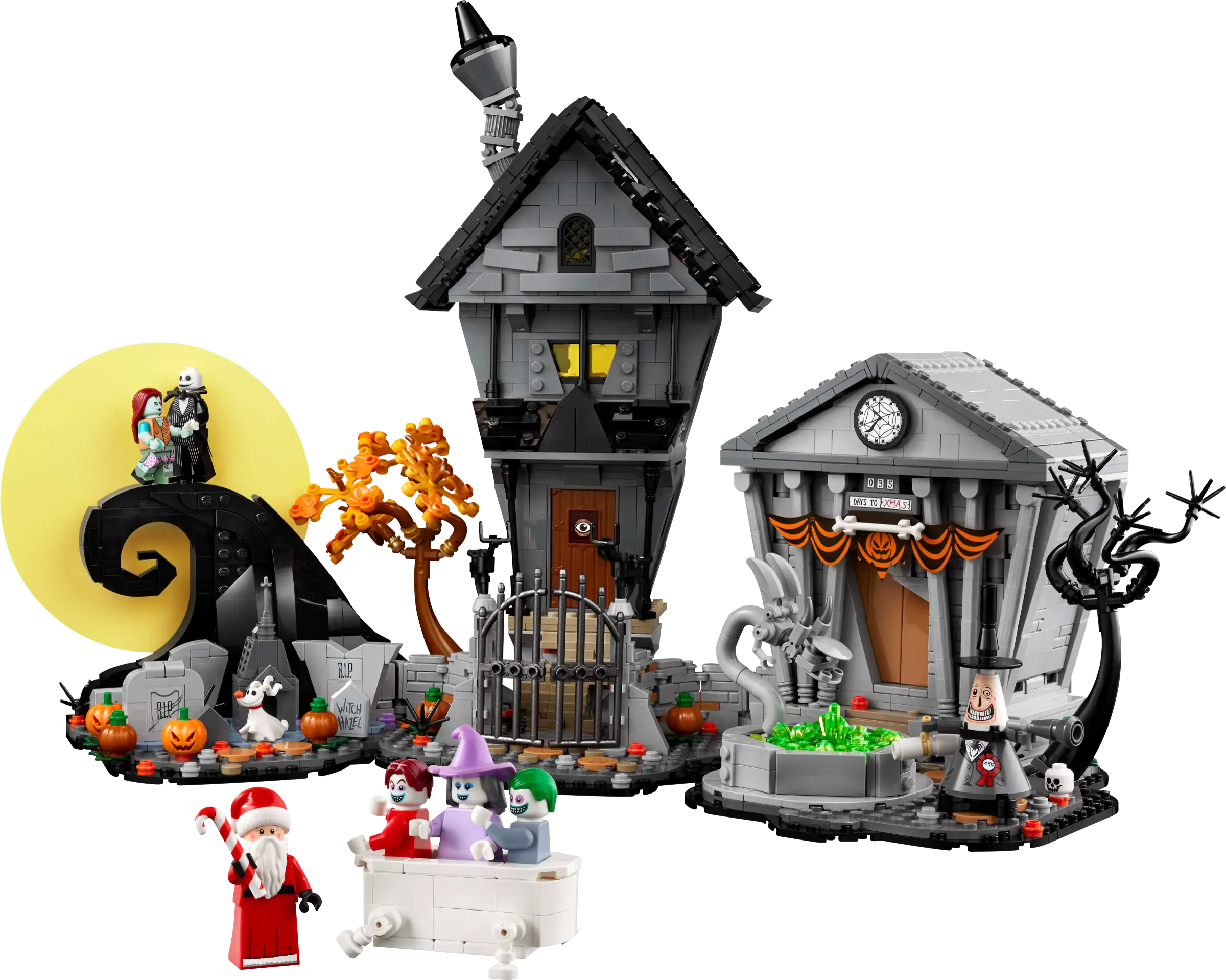 LEGO set featuring characters Jack Skellington, Zero, Sally, and Santa Claus from "The Nightmare Before Christmas" with spooky buildings and a Halloween backdrop