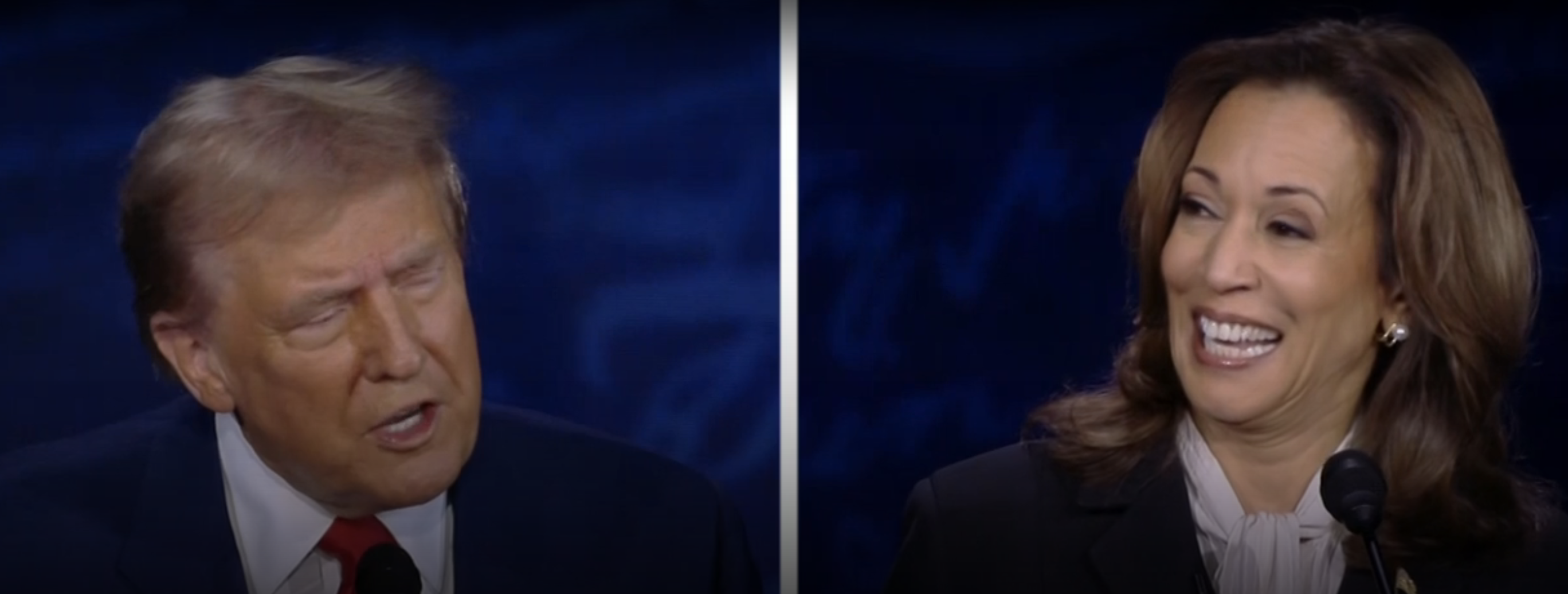 Donald Trump speaking animatedly, and Kamala Harris smiling during a public event