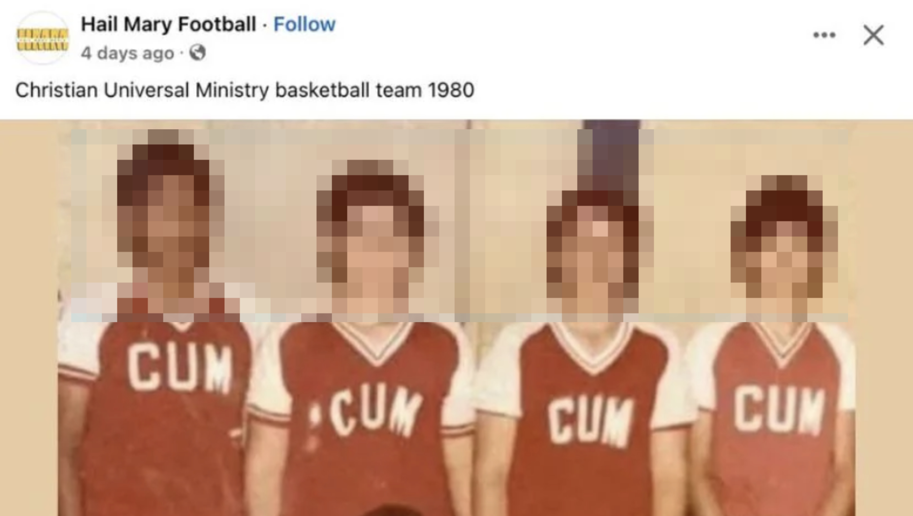 Four Christian Universal Ministry basketball team members in 1980, wearing team jerseys with "CUM" initials