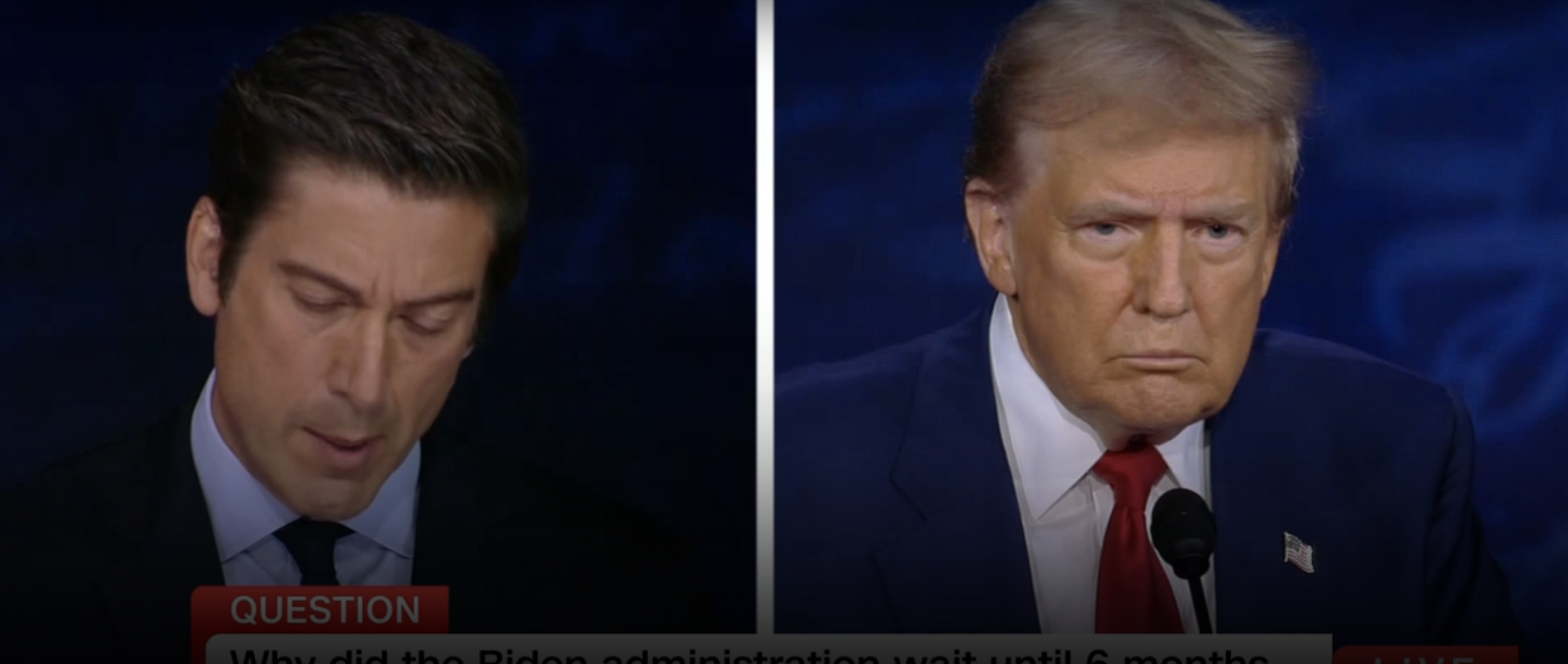 David Muir and Donald Trump in a split-screen image. David Muir reads from a document while Donald Trump looks forward, appearing serious