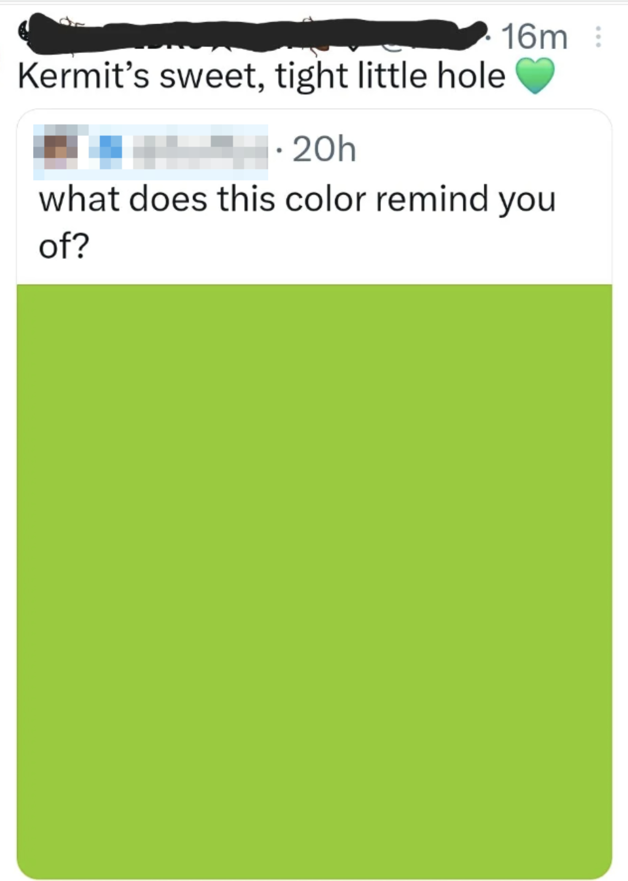 Twitter post by @buffys displaying a green square with the caption, "what does this color remind you of?" and a user response mentioning "Kermit's sweet, tight little hole ?."
