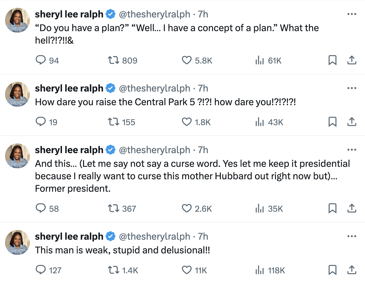 Tweets by Sheryl Lee Ralph expressing anger and criticism, mentioning a &quot;plan,&quot; raising the Central Park 5 incident, and criticizing a former president