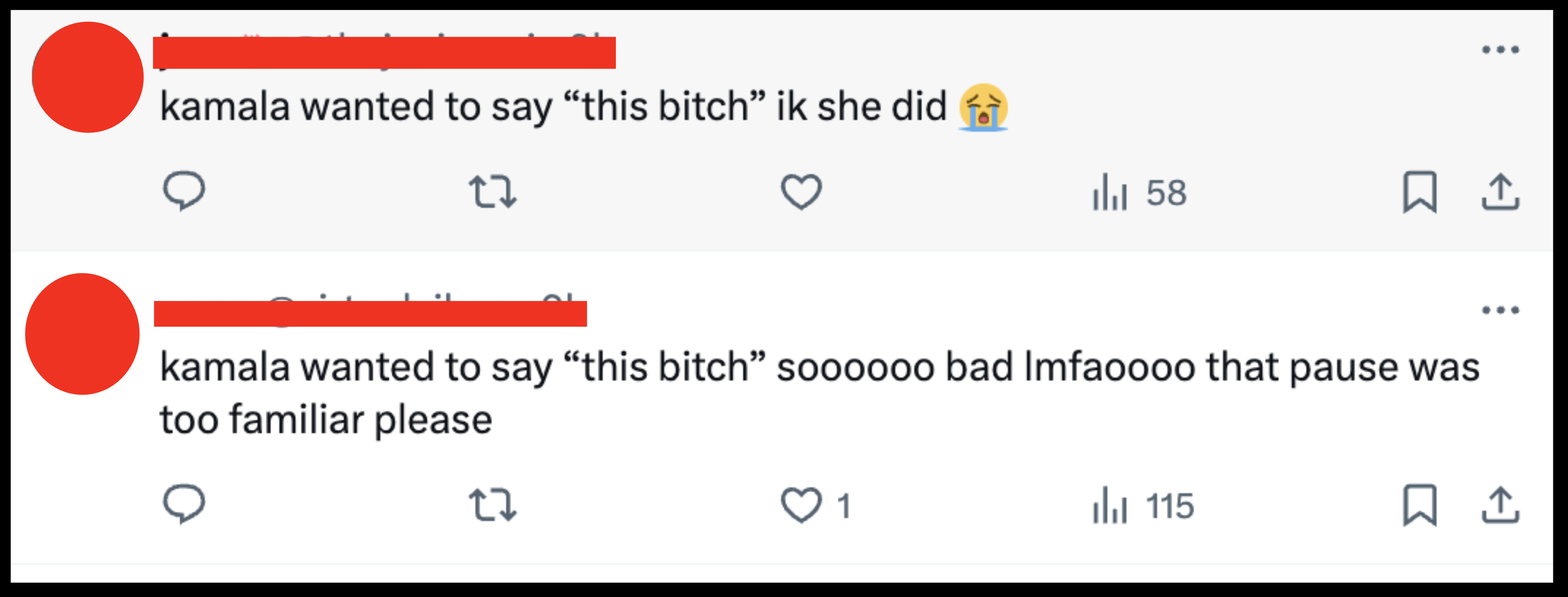 Tweets by @thejaeimani and @virtualvibes about Vice President Kamala Harris's reaction, implying she wanted to say &quot;this bitch&quot; during a speech. Both tweets have likes and retweets
