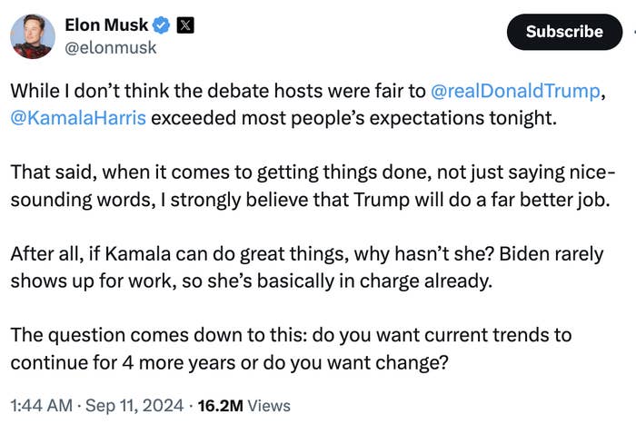Elon Musk's tweet questioning the fairness of debate hosts towards Donald Trump and contrasting Kamala Harris' performance, suggesting Trump will do better