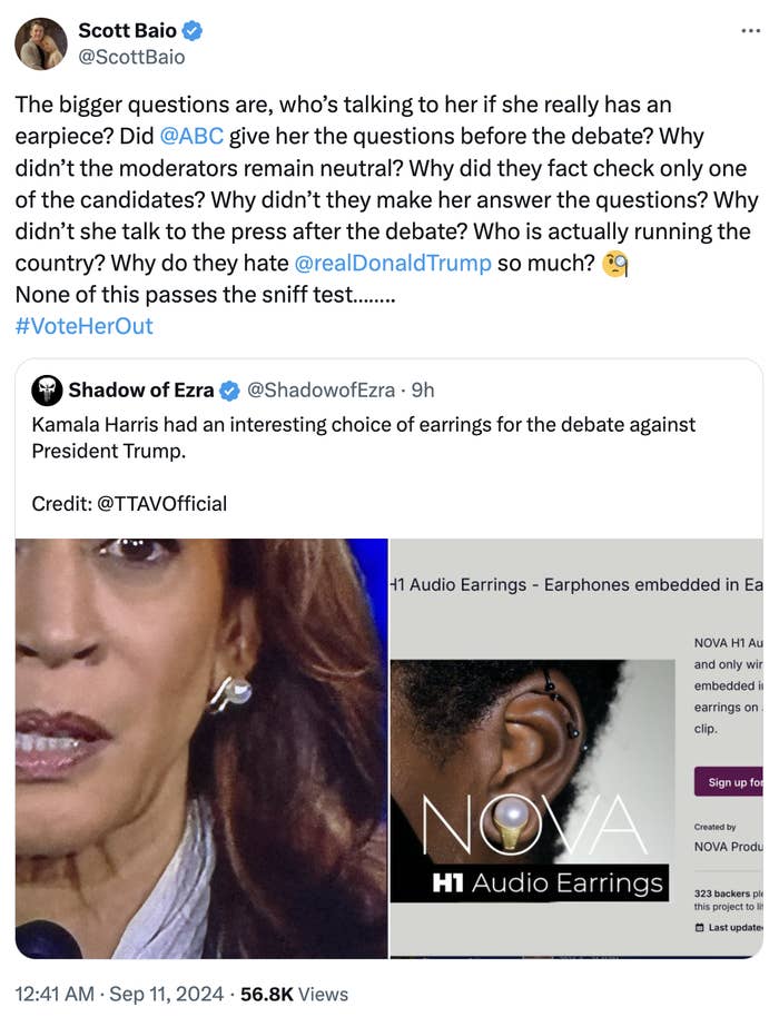Scott Baio's tweet questioning Kamala Harris's actions during the debate, with a highlighted tweet from Shadow of Ezra about Harris's embedded earrings