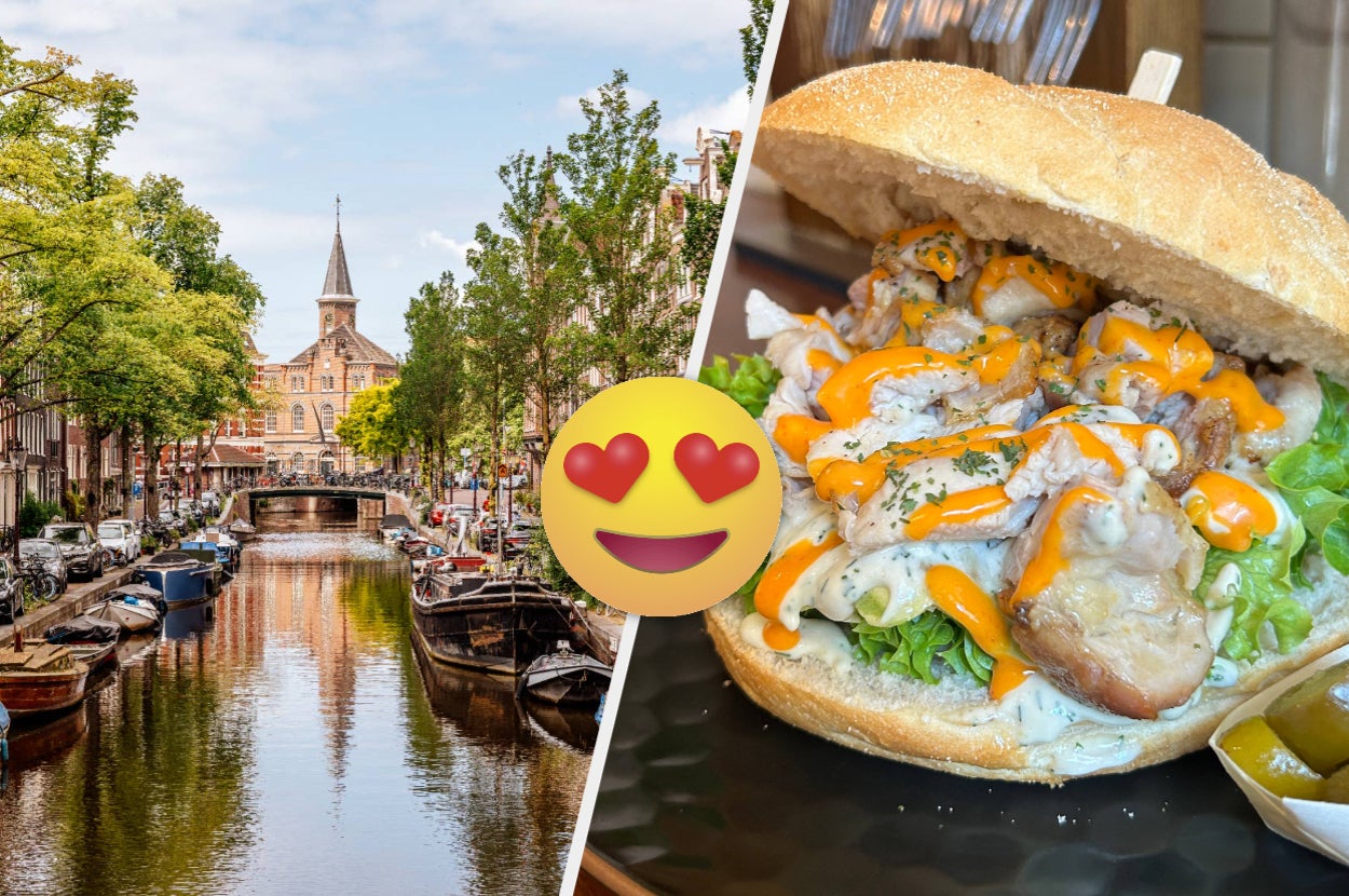 Scenic canal in Amsterdam on the left; sandwich with chicken, lettuce, and cheese on the right; heart-eyes emoji in the center