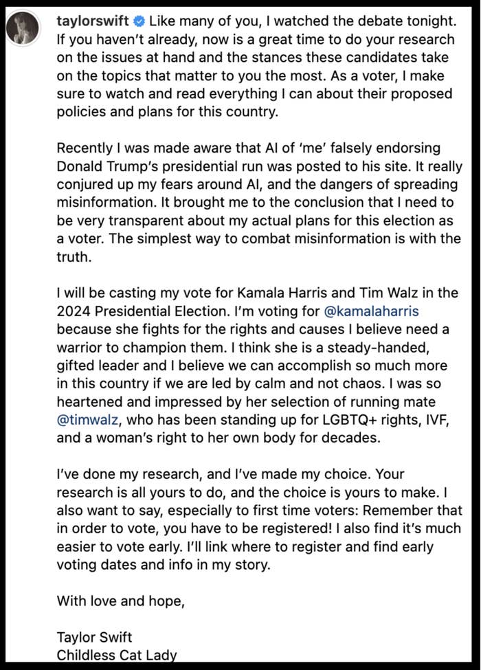 Taylor Swift Instagram post discussing the recent debate, endorsing Kamala Harris and Tim Walz for the 2024 Presidential Election, and fighting AI misinformation