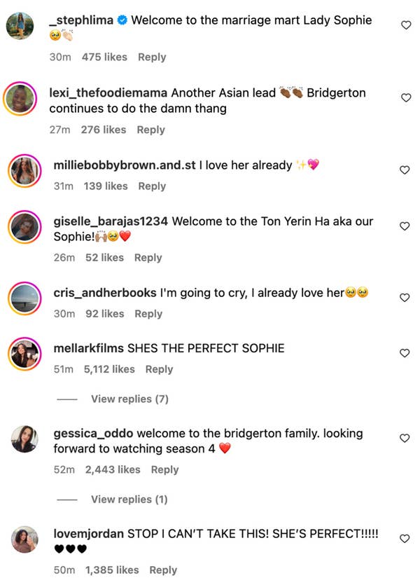 Comments on Instagram post congratulating Lady Sophie for joining the cast of Bridgerton. Comments praise her acting and excitement for the upcoming season