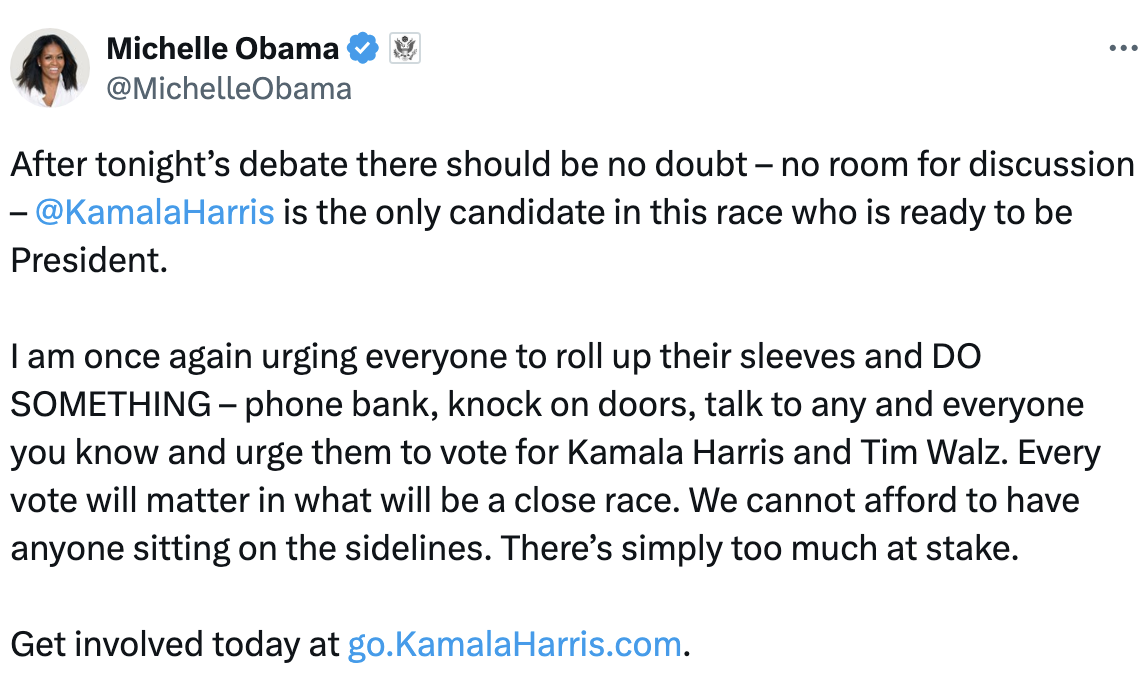 Tweet from Michelle Obama urging support for Kamala Harris and Tim Walz, encouraging phone banking and participation. Visit go.KamalaHarris.com for more info