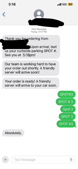 Text conversation with curbside pickup instructions and parking spot updates. Messages include arrival instructions, order status updates, and a confirmation reply