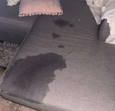 A gray couch with visible liquid stains and a pink fringed pillow, along with a white blanket, in a living room setting