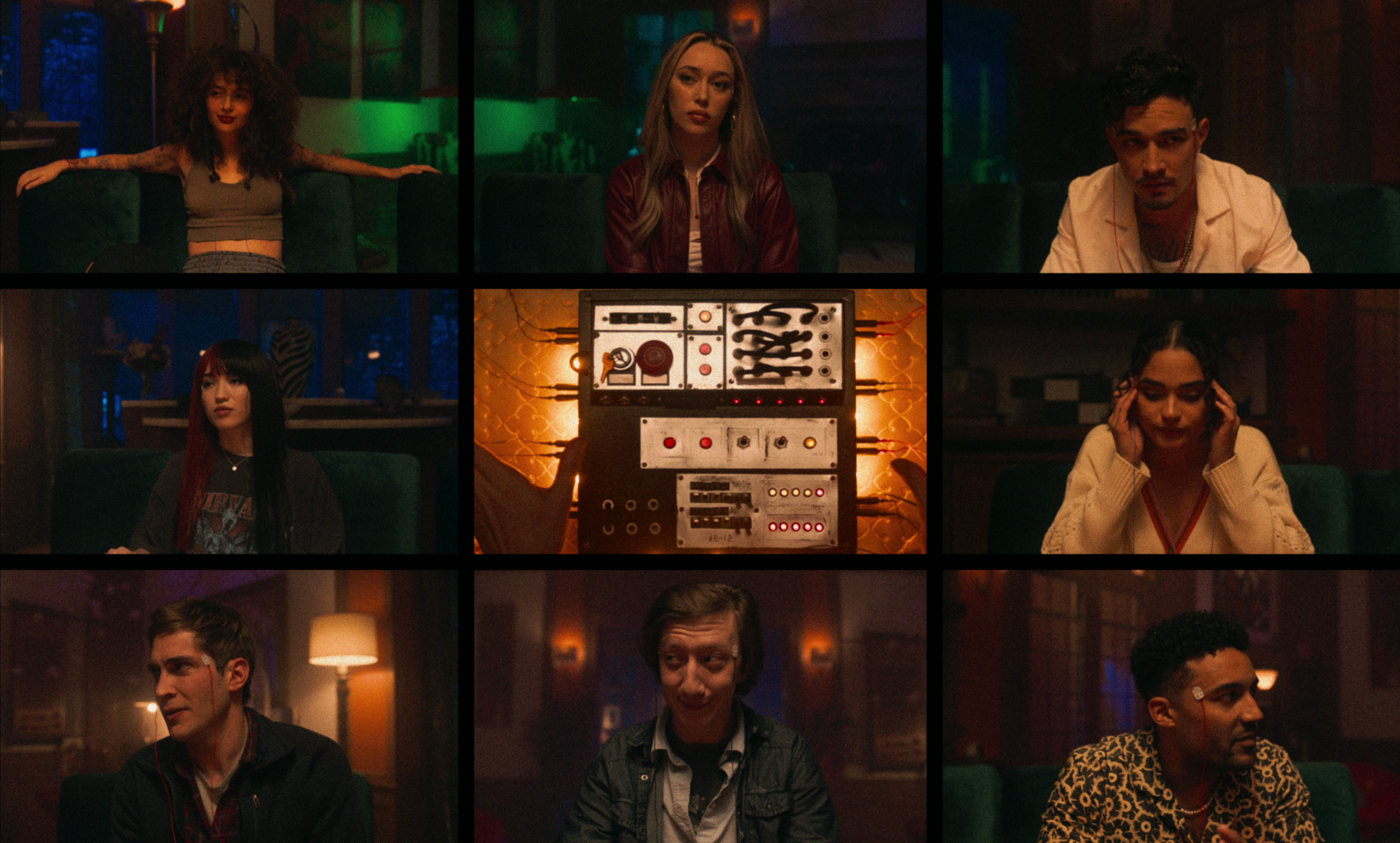 A grid of nine people, including Sydney Sweeney and Justice Smith, sitting in a retro interrogation room or control center with a central panel of retro equipment