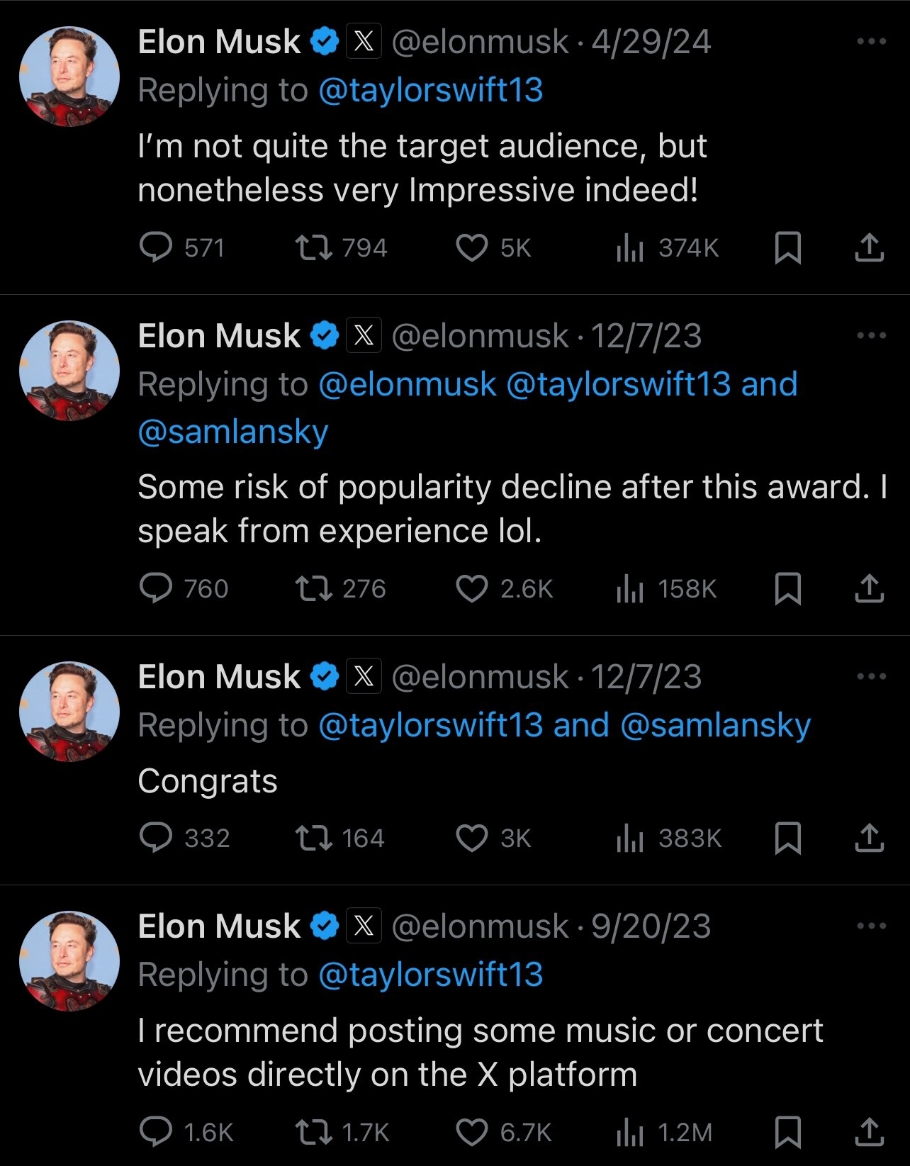 Elon Musk tweets to Taylor Swift repeatedly in 2024 and 2023